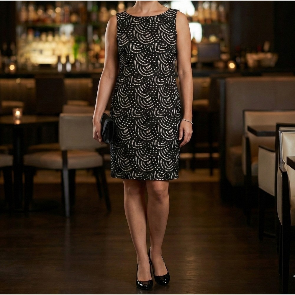 Kasper‎ Shift Dress Black 16 LBD Art Deco Fan Geometric Openwork Office Cocktail - Picture 6 of 9